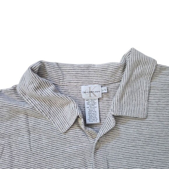 Vintage Calvin Klein Jeans Linen Blend Striped Polo Shirt Sz L CK Top Resortwear - Picture 6 of 11